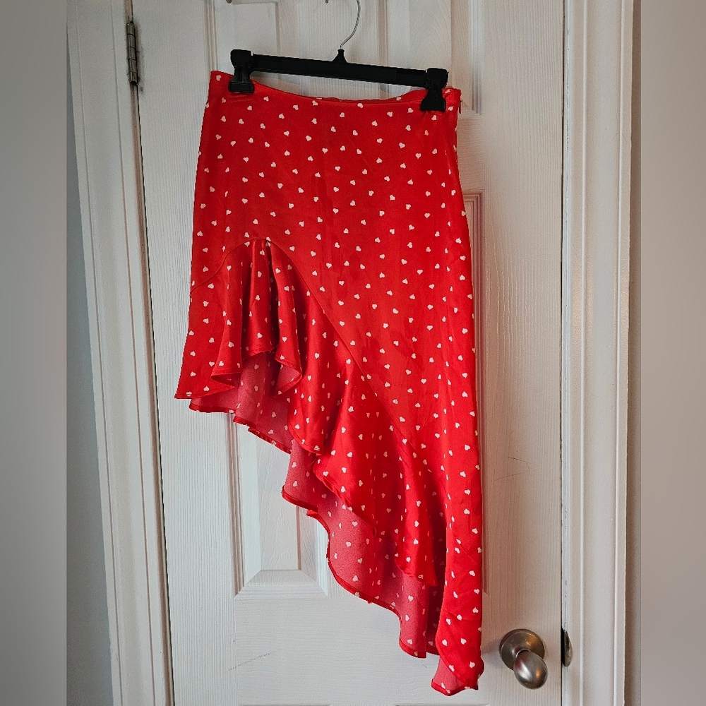 205. Red Asymmetrical Skirt with White Heart Polka Dots